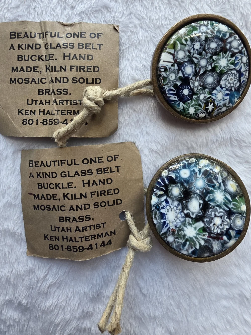 Ken Halterman Handmade Glass Mosaic Solid Brass Belt Buckles Set of 2